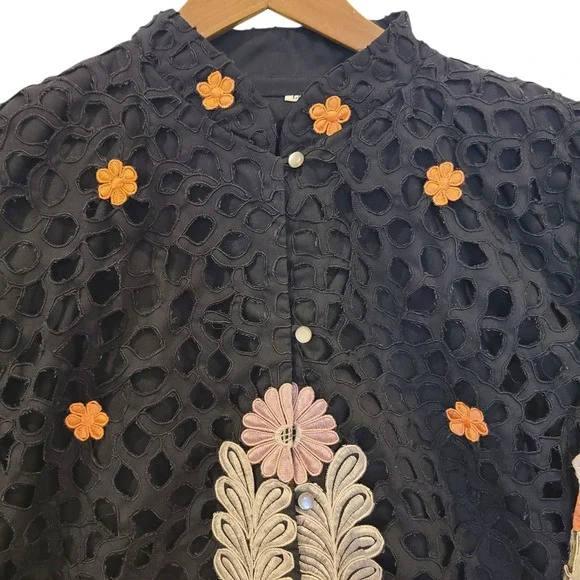 Vtg Queen Caro Of Honolulu Black Jacket Floral Embroidered Eyelet‎ Large Artsy - Picture 2 of 10